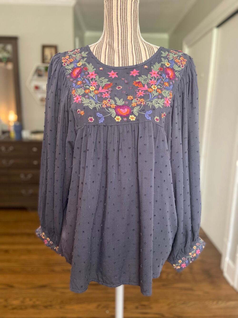 Luna Moon embroidered pin dot long sleeve peasant style blouse